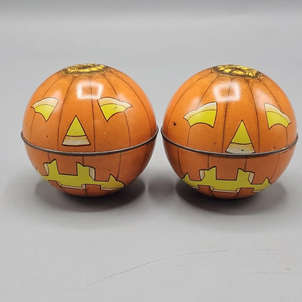 Vintage 80s Tin Pumpkin Jack-O-Lantern LOT OF 2 Midwest Importers Switzerland 3